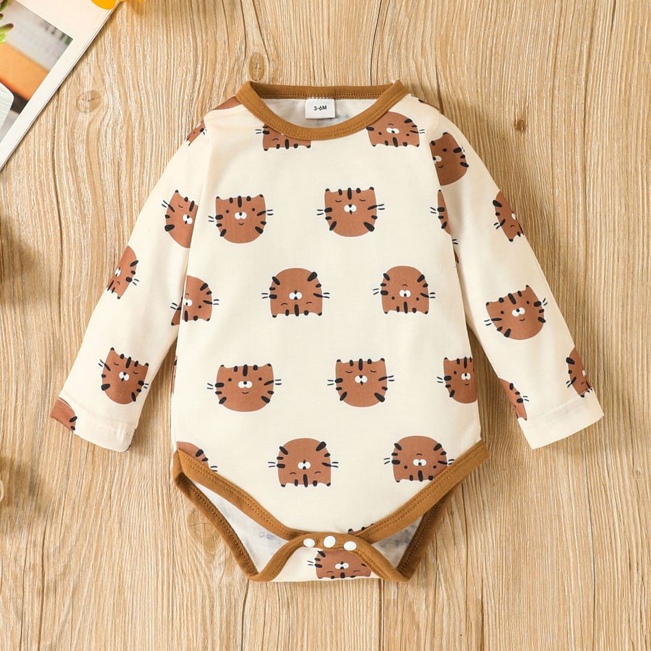 3pcs Baby Boy Allover Tiger Print Long-sleeve Romper and Corduroy Overalls with Hat Set Multi-color big image 3