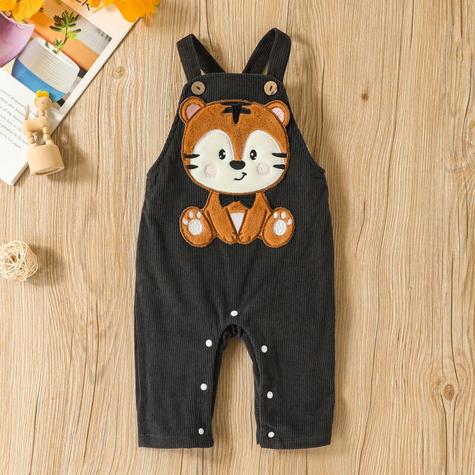 3pcs Baby Boy Allover Tiger Print Long-sleeve Romper and Corduroy Overalls with Hat Set Multi-color big image 4