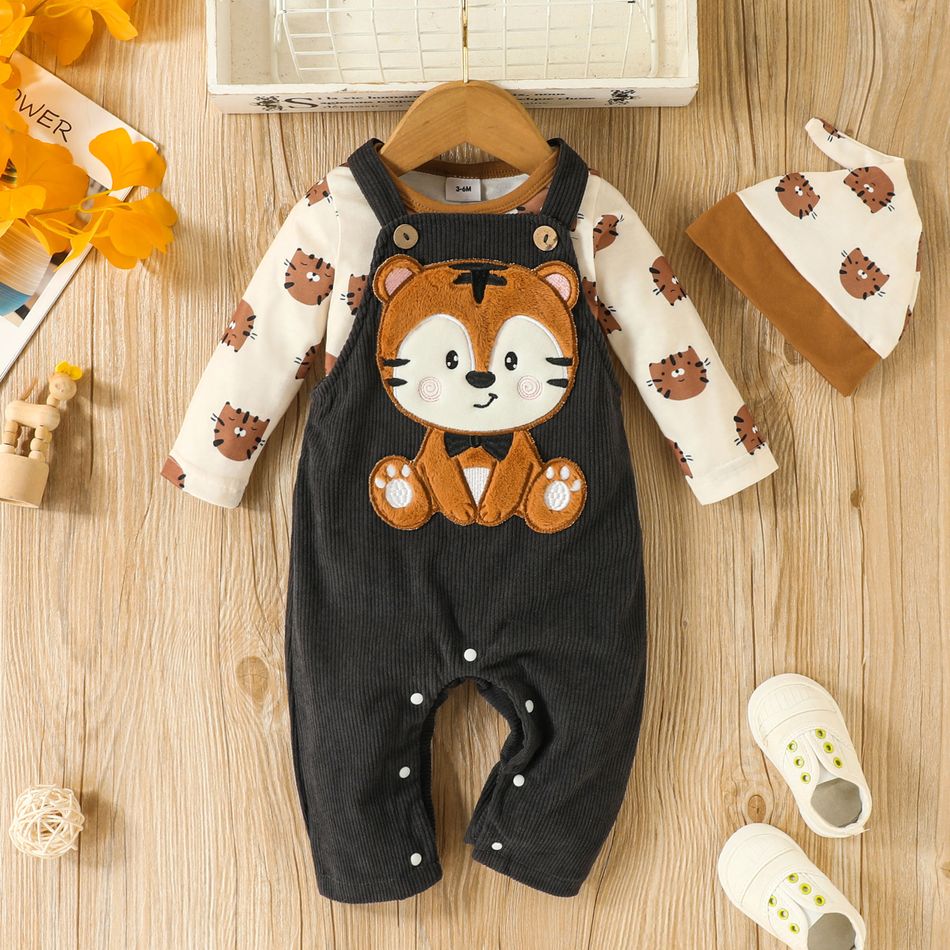 3pcs Baby Boy Allover Tiger Print Long-sleeve Romper and Corduroy Overalls with Hat Set Multi-color big image 2