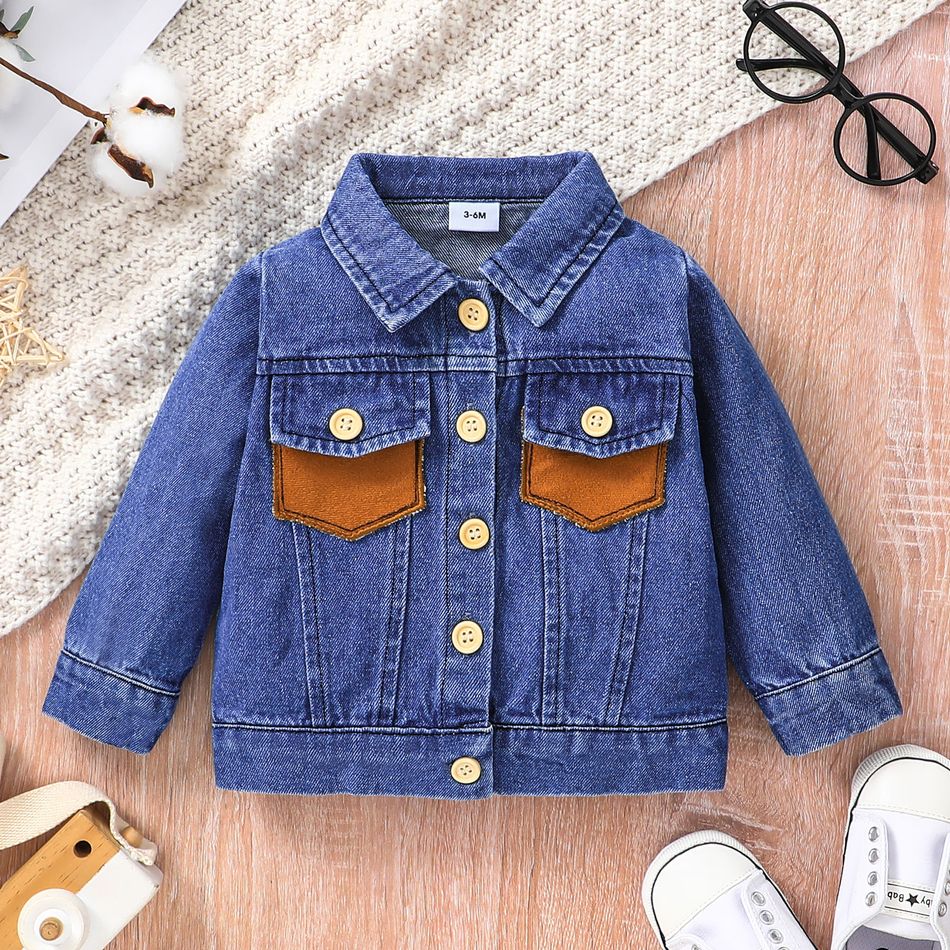 Baby Boy 100% Cotton Denim Spliced Suede Button Front Long-sleeve Jacket Blue big image 1
