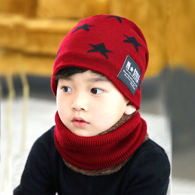 طفل / طفل نجوم الصوف محبوك قبعة صغيرة ومجموعة وشاح أحمر big image 3