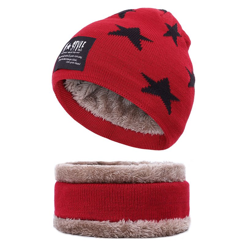 Set aus gestrickter Mütze und Schal aus Fleece mit Sternen für Kleinkinder / Kinder rot