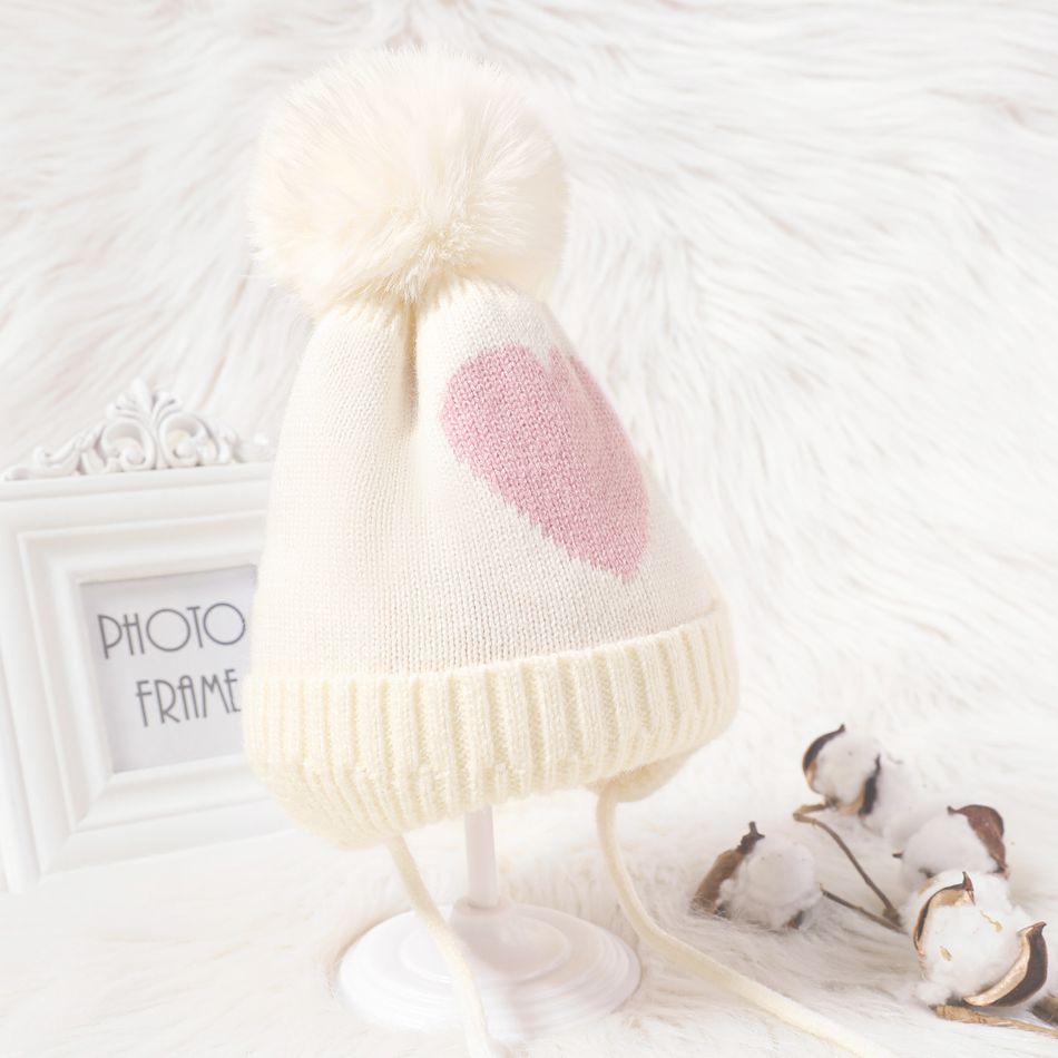 Baby / Toddler Heart Print Warm Lace-up Ear Protection Knit Beanie Hat White