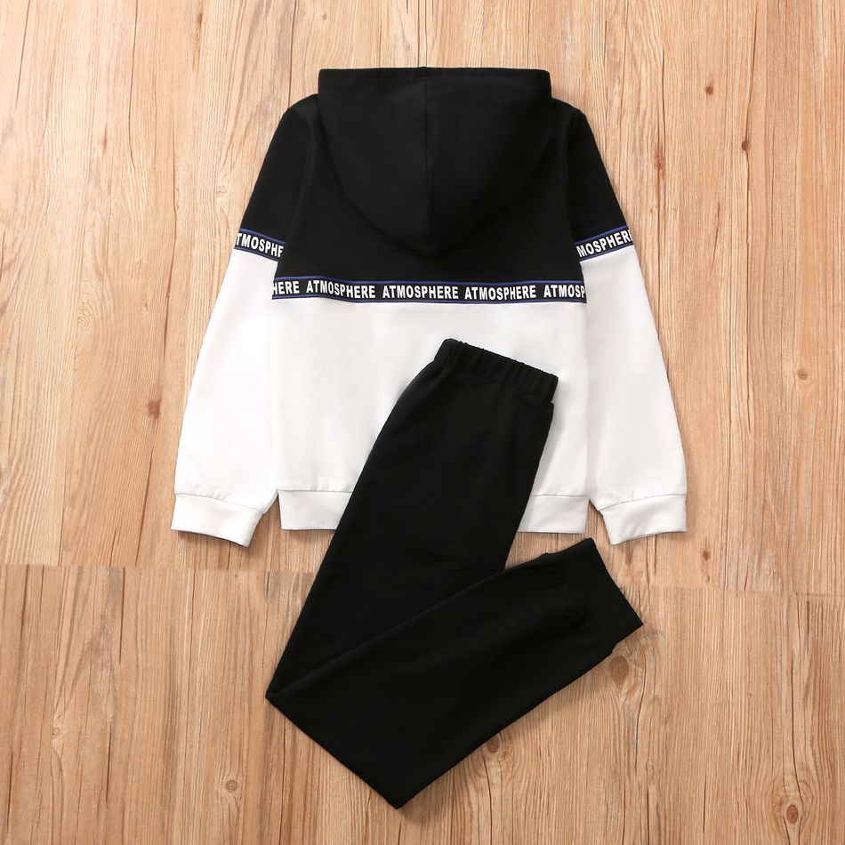 2-piece Kid Boy Letter Print Colorblock Hoodie Sweatshirt and Pants Casual Set Black/White big image 2