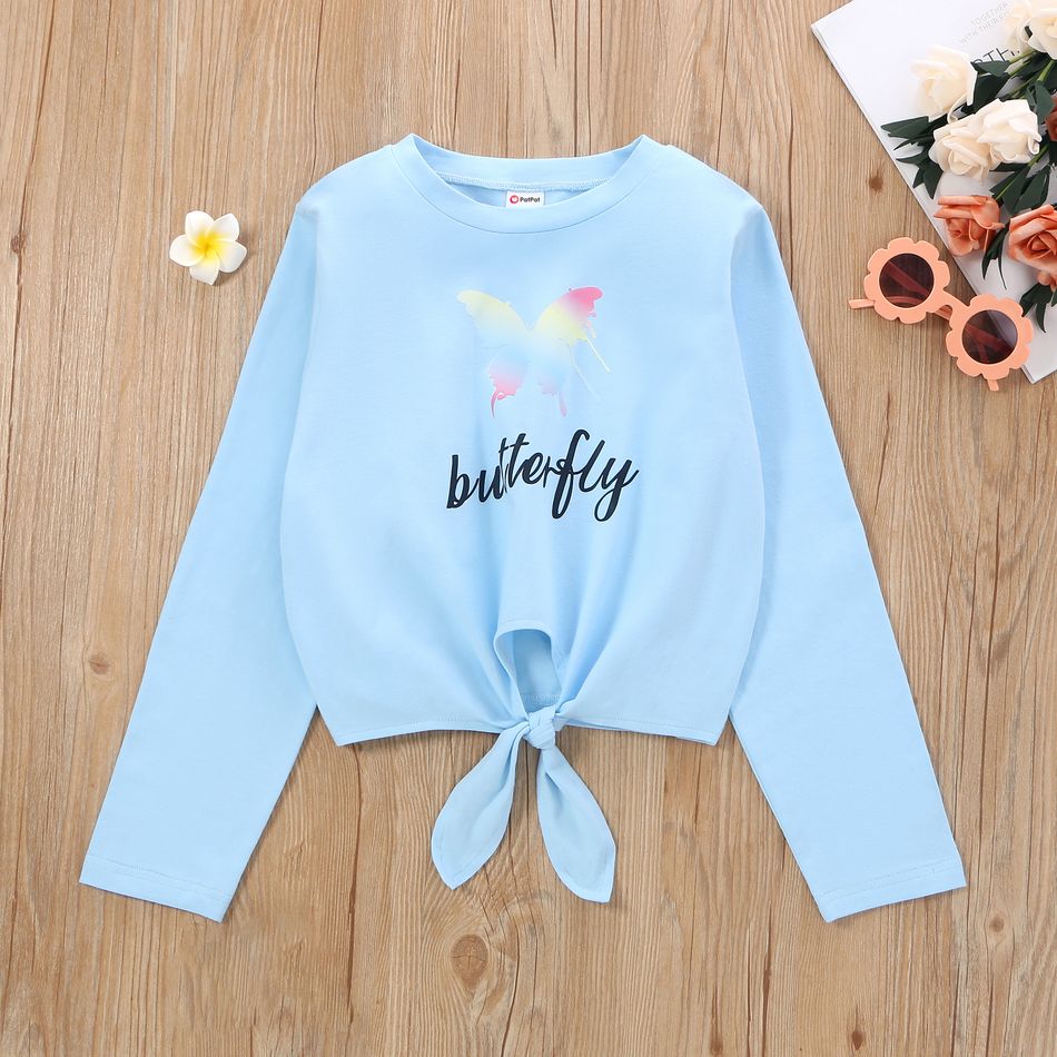 2-piece Kid Girl Butterfly Letter Print Tie Knot Long-sleeve Tee and Leggings Set Blue big image 3