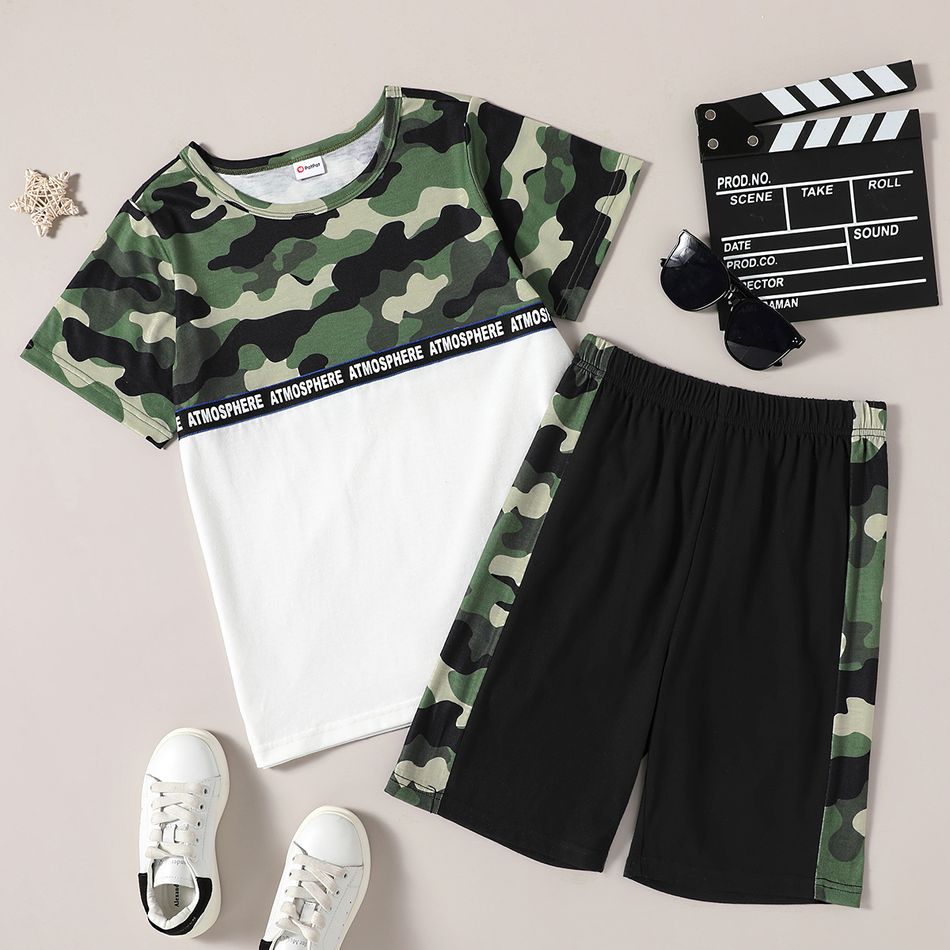 Stylish Kid Boy Camouflage Colorblock Letter Print Casual Suits Green