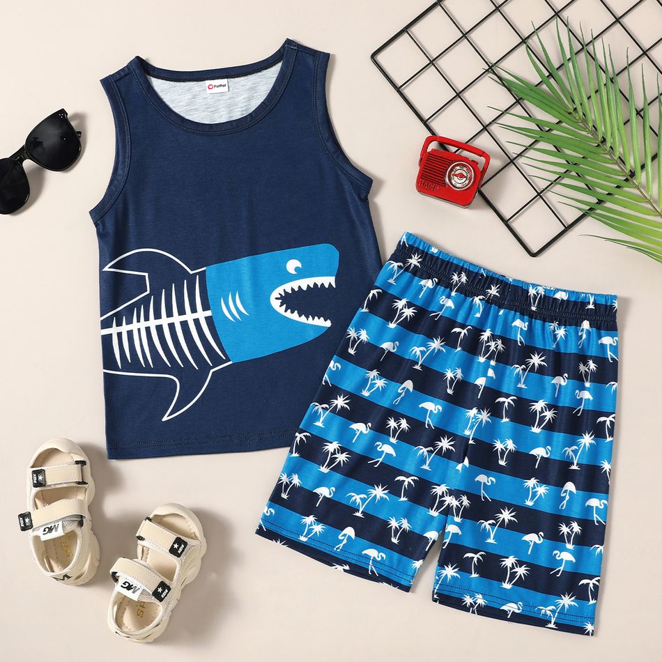 Trendy Kid Boy 2-piece Sleeveless Shark Stripe Print Shorts Suits Blue