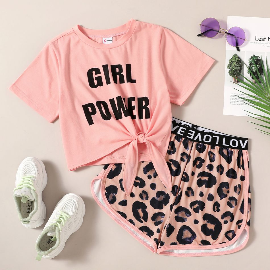 Pretty Kid Girl Sporty Letter Bowknot Leopard Print 2-piece Casual Set Pink