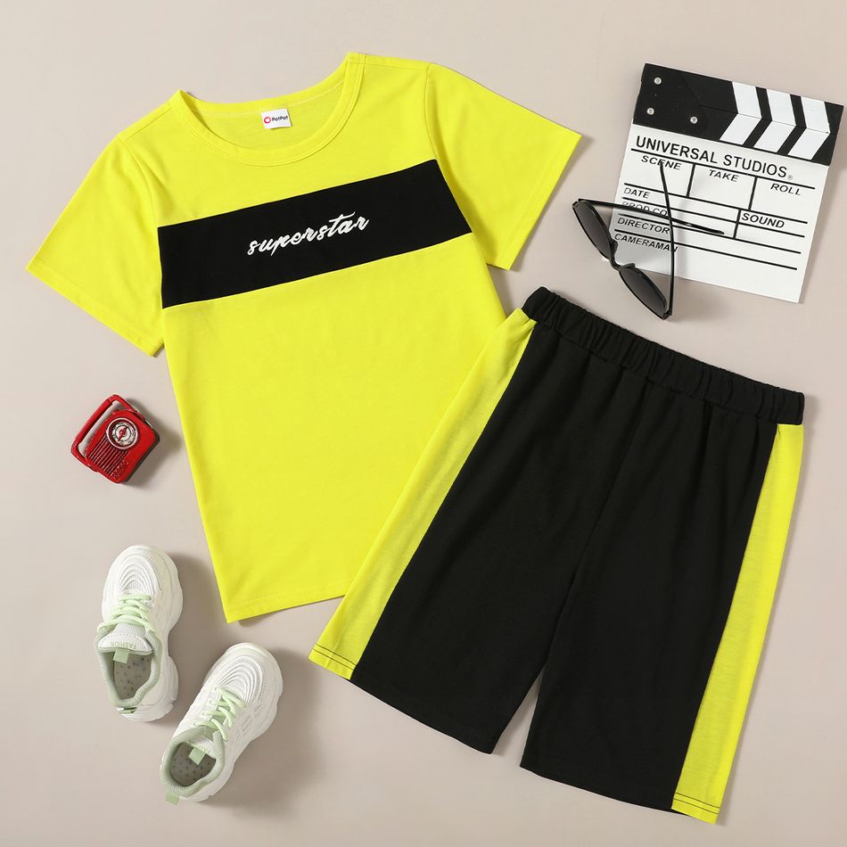 2-piece Kid Boy Sporty Colorblock Letter Print T-shirt and Elasticized Shorts Set Yellow big image 1