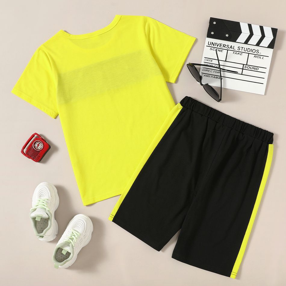 2-piece Kid Boy Sporty Colorblock Letter Print T-shirt and Elasticized Shorts Set Yellow big image 2