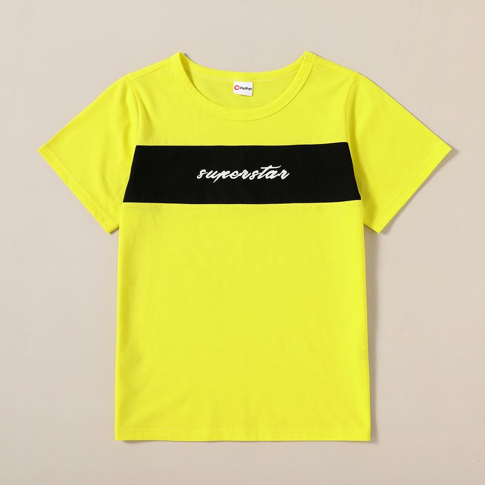 2-piece Kid Boy Sporty Colorblock Letter Print T-shirt and Elasticized Shorts Set Yellow big image 3