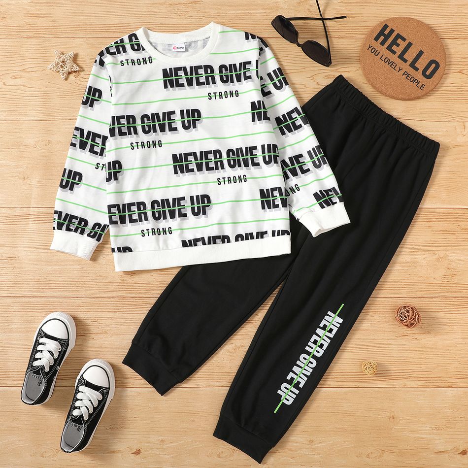 2-piece Kid Boy Striped Letter Print Long-sleeve Top and Elasticized Sporty Set Black/White