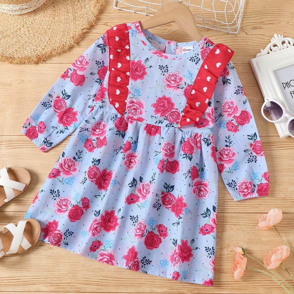 Toddler Girl Heart Print Ruffled Back Button Design Floral Print Long-sleeve Sweet Dress Multi-color