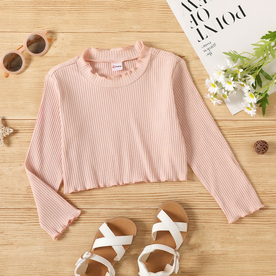 Toddler Girl Sweet Ruffle Collar Ribbed Solid Long-sleeve Top Pink