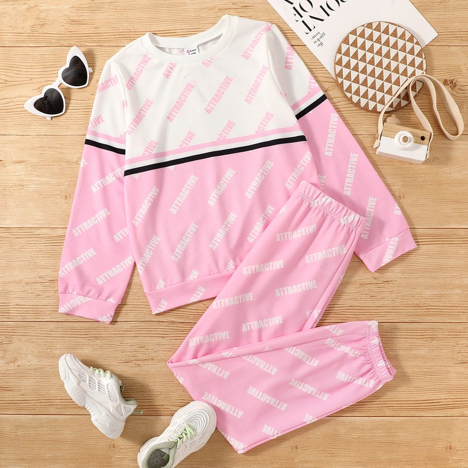 2-piece Kid Girl Letter Print Striped Long-sleeve T-shirt and Elasticized Pants Casual Set Pink
