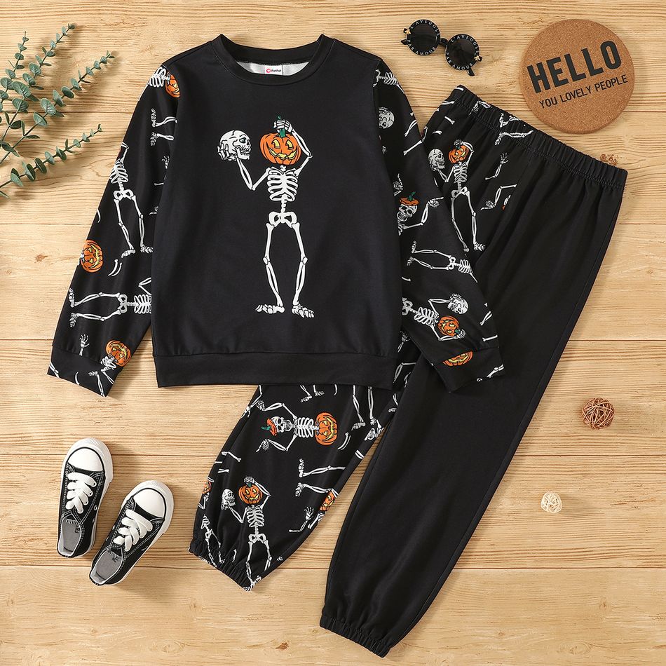 2-piece Kid Boy Halloween Pumpkin Skeleton Print Long-sleeve Black Tee and Pants Set Black