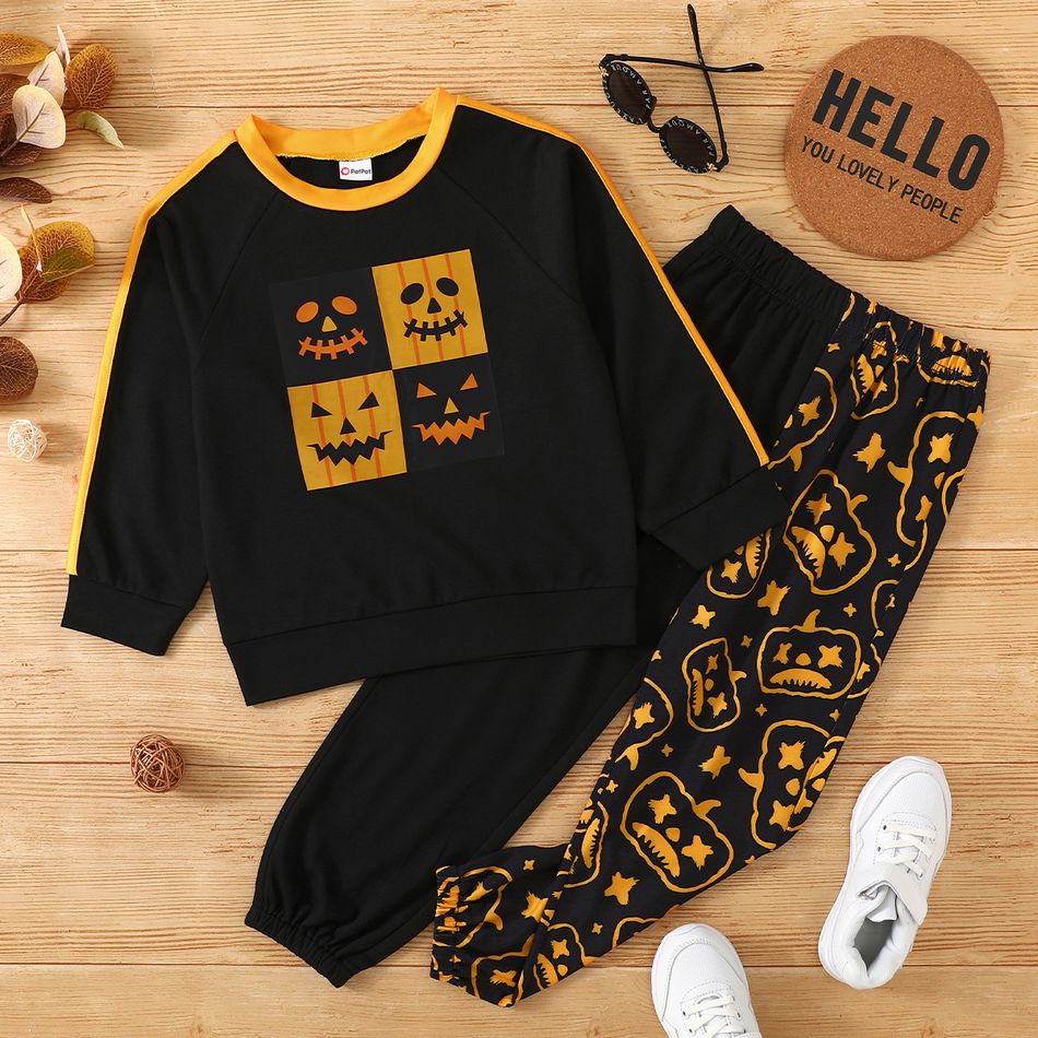 2-piece Kid Boy Halloween Pumpkin Print Pullover and Elasticized Colorblock Pants Set Black