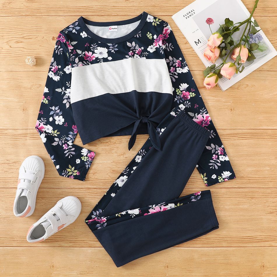 2-piece Kid Girl Floral Print Colorblock Tie Knot Long-sleeve Tee and Pants Set Blue