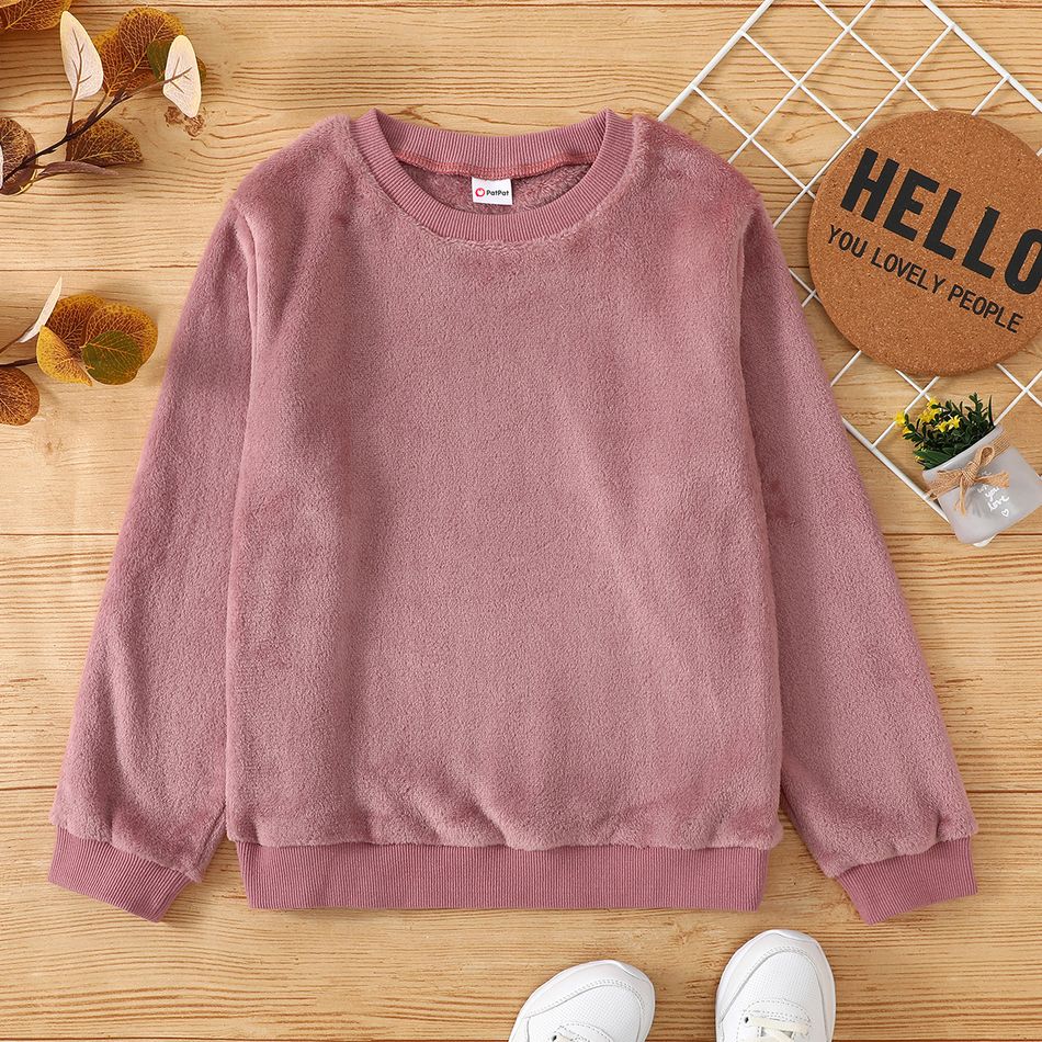 Kid Girl Casual Solid Fuzzy Pullover Sweatshirt Pink