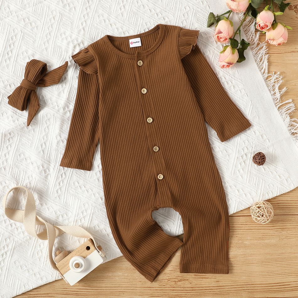 2pcs Baby Girl Solid Ruffle Long-sleeve Button Down Cotton Ribbed Jumpsuit Set Brown