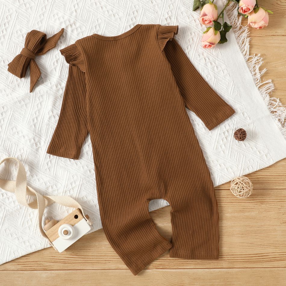 2pcs Baby Girl Solid Ruffle Long-sleeve Button Down Cotton Ribbed Jumpsuit Set Brown big image 2