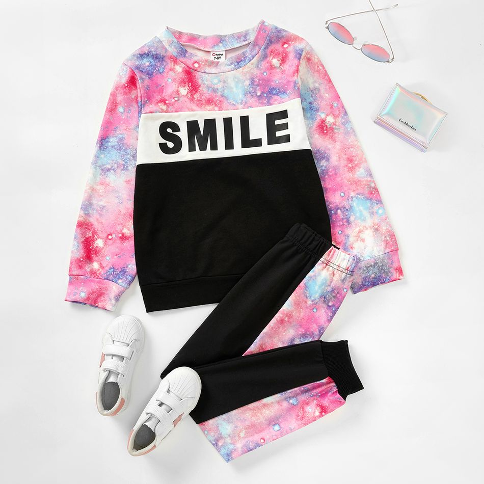 2-piece Kid Girl Letter Space Print Pullover and Elasticized Pants Casual Set Pink