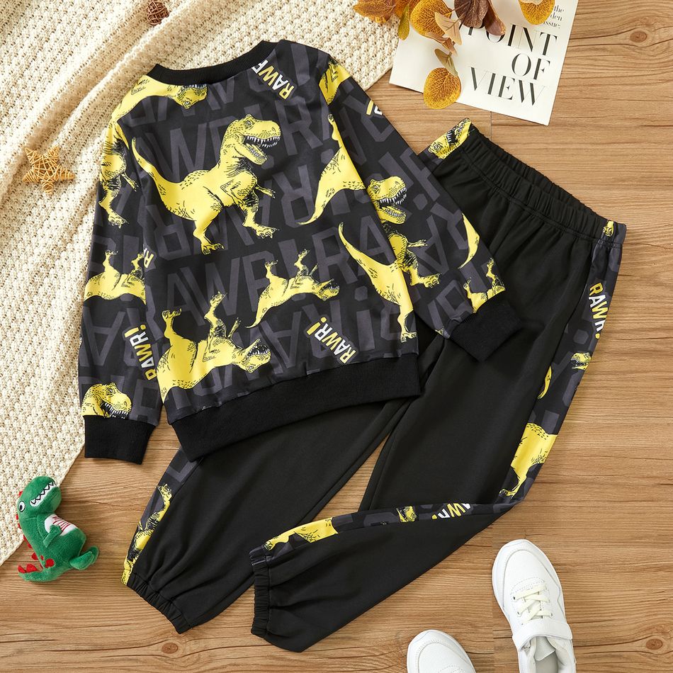 2-piece Kid Boy Letter Dinosaur Print Pullover Sweatshirt and Pants Set Yellow big image 2