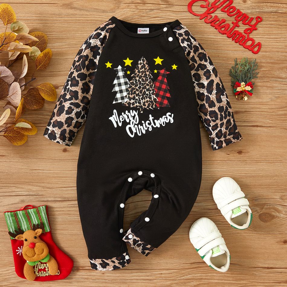 Christmas Tree and Letter Print Baby Girl Black Splicing Leopard Long-sleeve Jumpsuit Black
