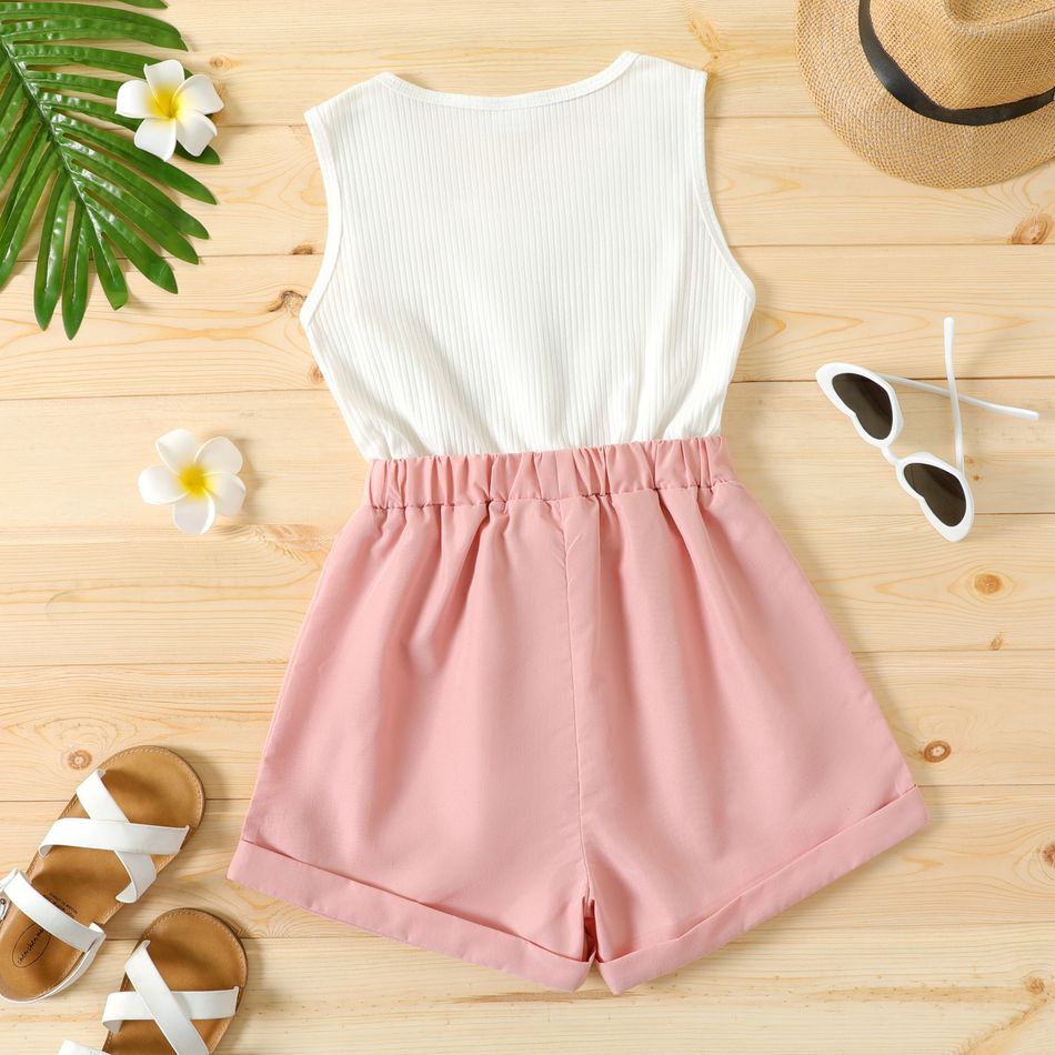 Kid Girl Button Design Sleeveless Belted Splice Rompers Jumpsuits Shorts Pink big image 3
