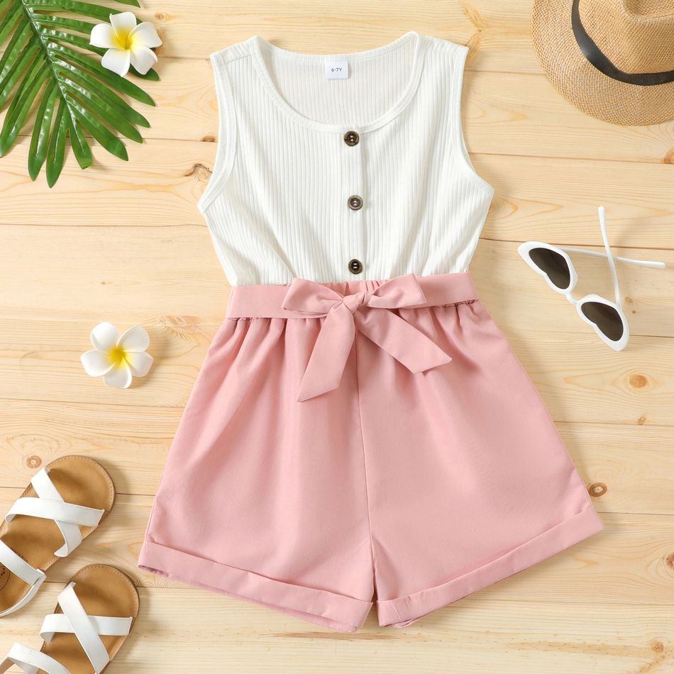 Kid Girl Button Design Sleeveless Belted Splice Rompers Jumpsuits Shorts Pink big image 1