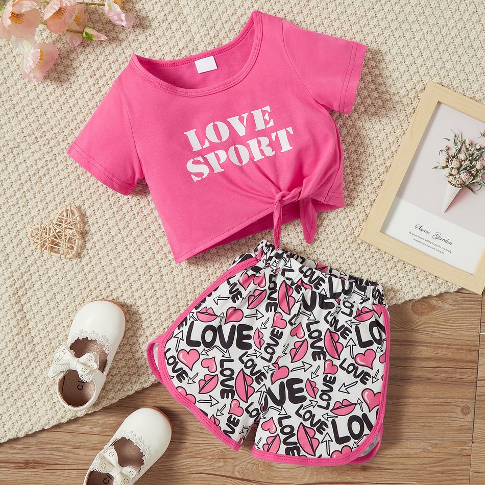 2pcs Baby Girl Letter Print Self-tie Short-sleeve Crop Top and All Over Print Shorts Set Pink