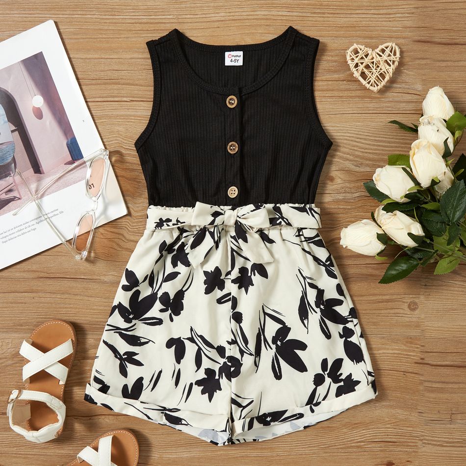 Kid Girl Floral Print Splice Button Design Belted Sleeveless Rompers Black