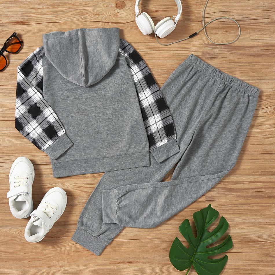 2pcs Kid Boy Letter Print Plaid Colorblock Hooded Sweatshirt and Pocket Design Pants Set flowergrey big image 2