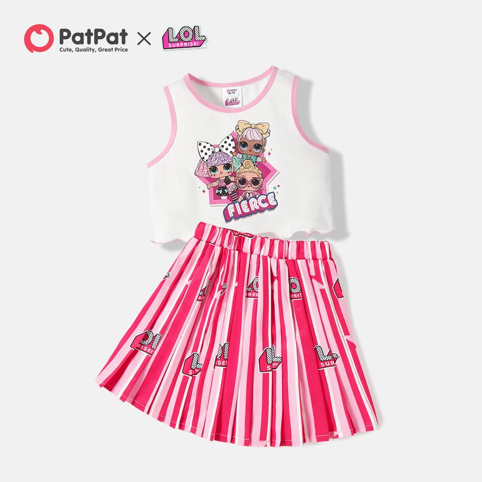 L.O.L. SURPRISE! 2pcs Kid Girl Letter Print  Sleeveless  Tee and Stripe Pink Skirt Set White
