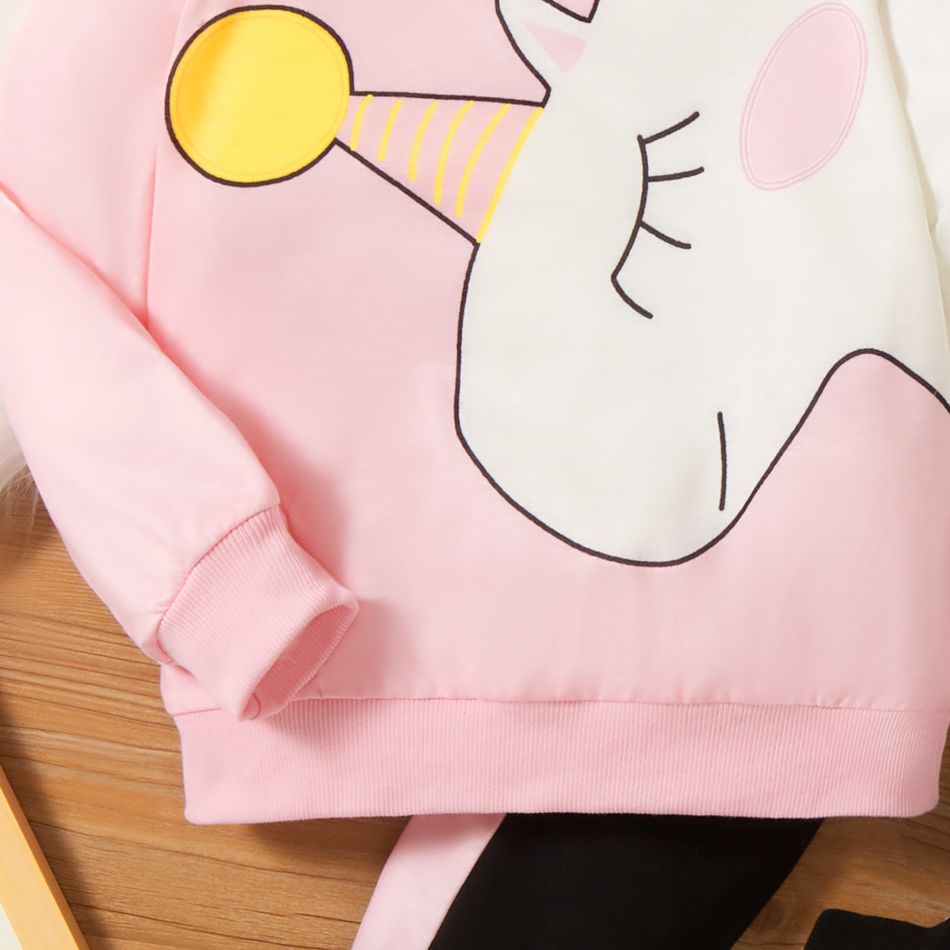 2pcs Kid Girl Unicorn Print Spike Design Colorblock Sweatshirt and Pants Set Pink big image 4