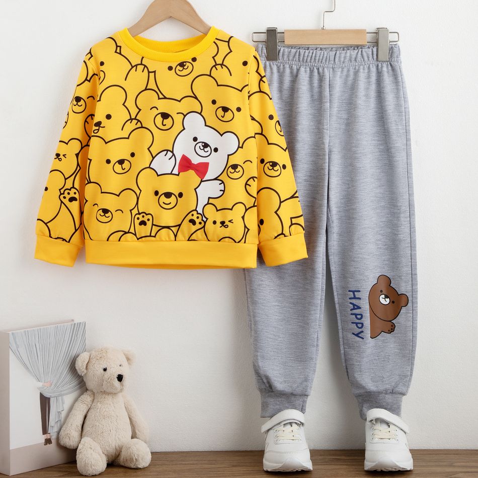2pcs Kid Boy Cute Bear Print Sweatshirt and Elasticized Pants Set Yellow
