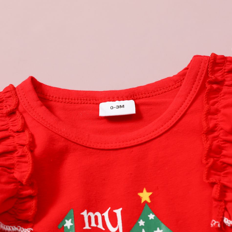 Christmas 3pcs Baby Letter and Tree Print Red Ruffle Long-sleeve Romper and Suspender Skirt Set Red big image 3