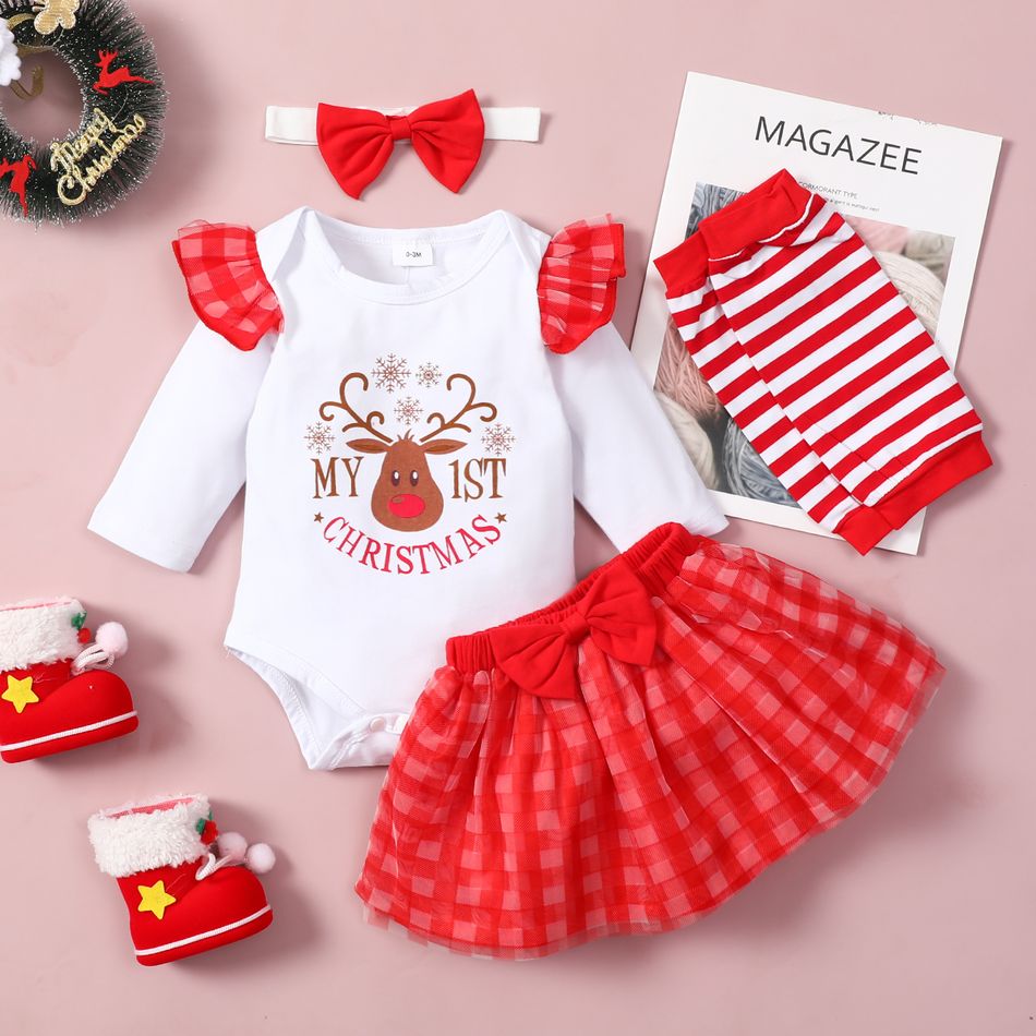 Baby 4pcs Christmas Letter Long-sleeve Romper and Red Plaid Mesh Skirts Set White