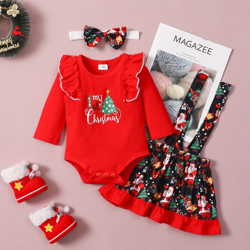 Christmas 3pcs Baby Letter and Tree Print Red Ruffle Long-sleeve Romper and Suspender Skirt Set Red big image 1