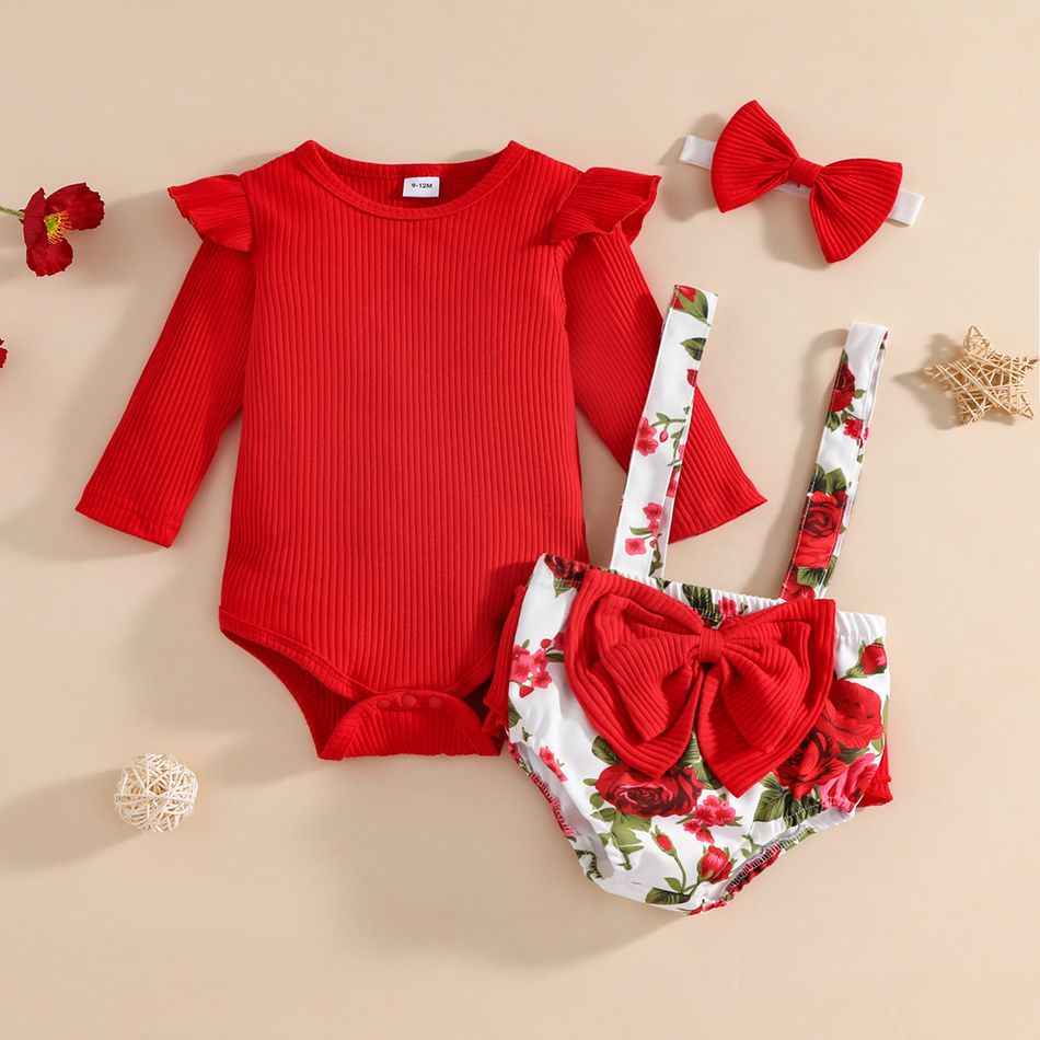 3pcs Baby Girl Red Ribbed Long-sleeve Romper and Floral Print Bowknot Suspender Shorts Set Red