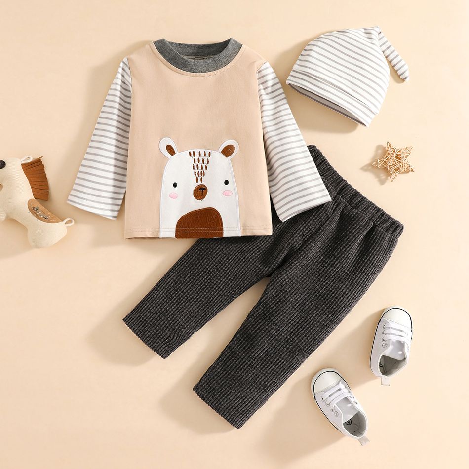 3pcs Baby Boy Polar Bear Pattern Splicing Striped Long-sleeve Top and Solid Corduroy Trousers Set Apricot