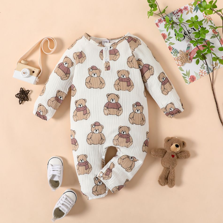 100% Cotton Baby Boy/Girl All Over Cartoon Bear Print White Crepe Long-sleeve Jumpsuit White