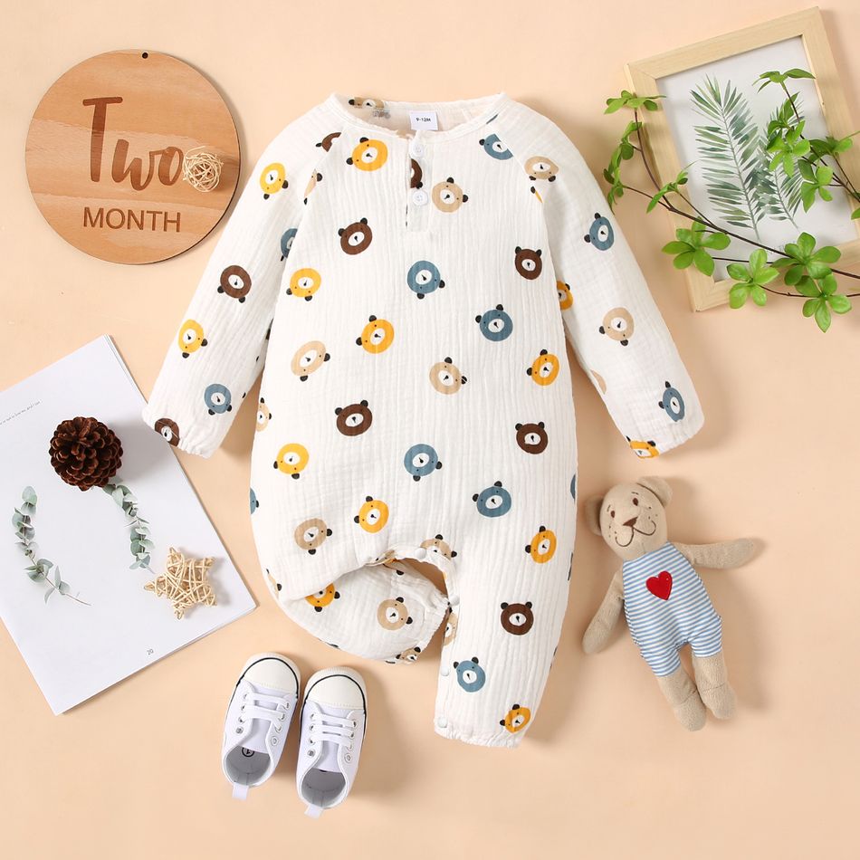 100% Cotton Crepe Baby Boy/Girl All Over Cartoon Bear Print Long-sleeve Jumpsuit White big image 1