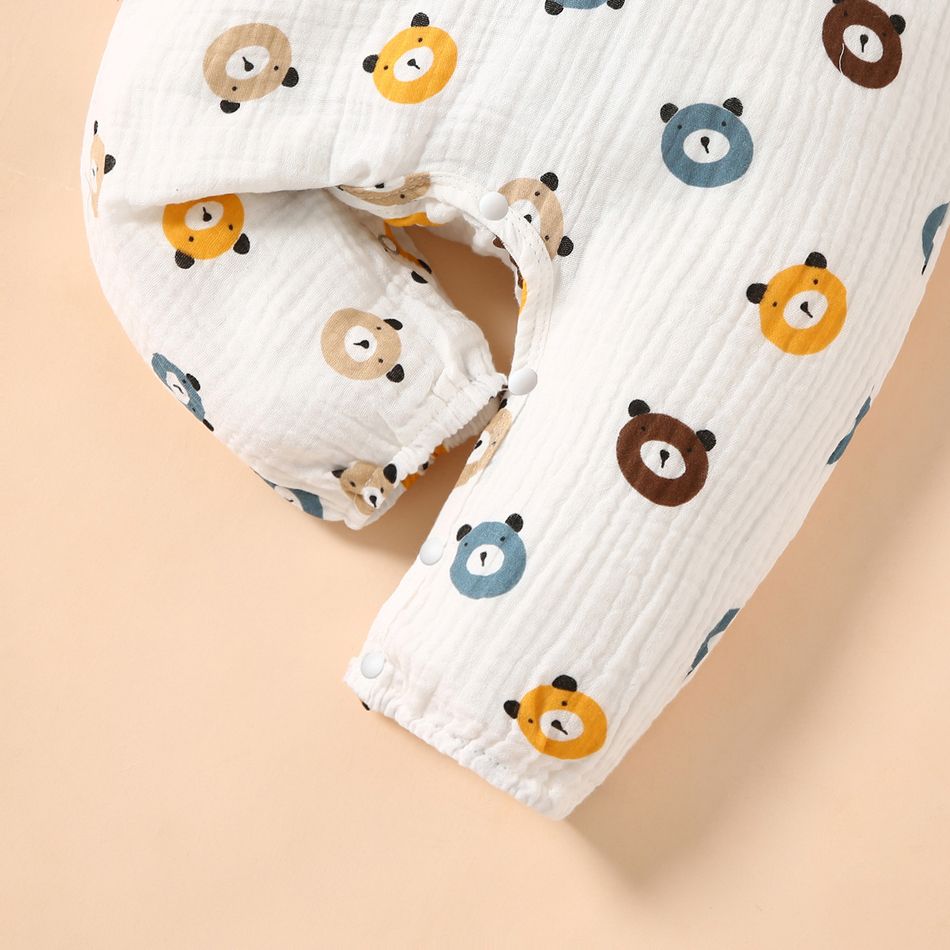 100% Cotton Crepe Baby Boy/Girl All Over Cartoon Bear Print Long-sleeve Jumpsuit White big image 6