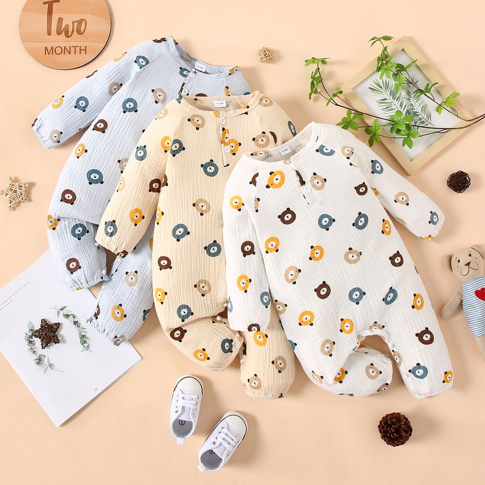 100% Cotton Crepe Baby Boy/Girl All Over Cartoon Bear Print Long-sleeve Jumpsuit White big image 2