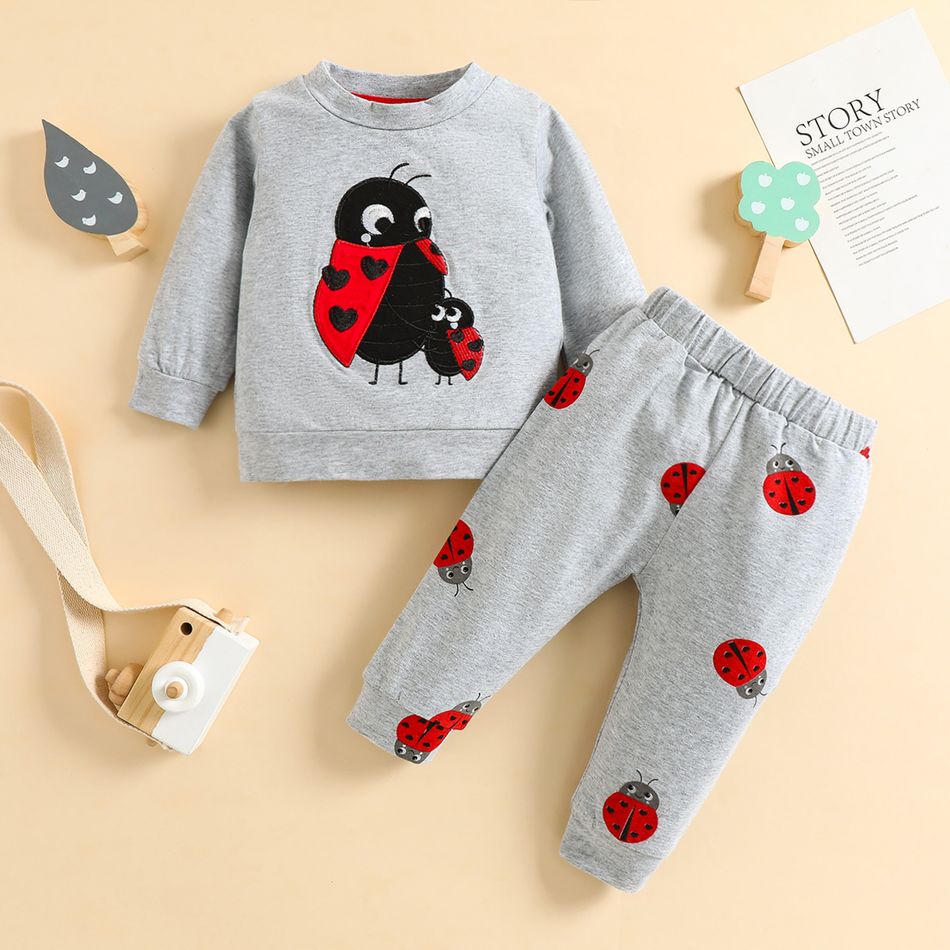 2pcs Baby Boy/Girl Ladybugs Print Light Grey Long-sleeve Pullover and Trousers Set Light Grey