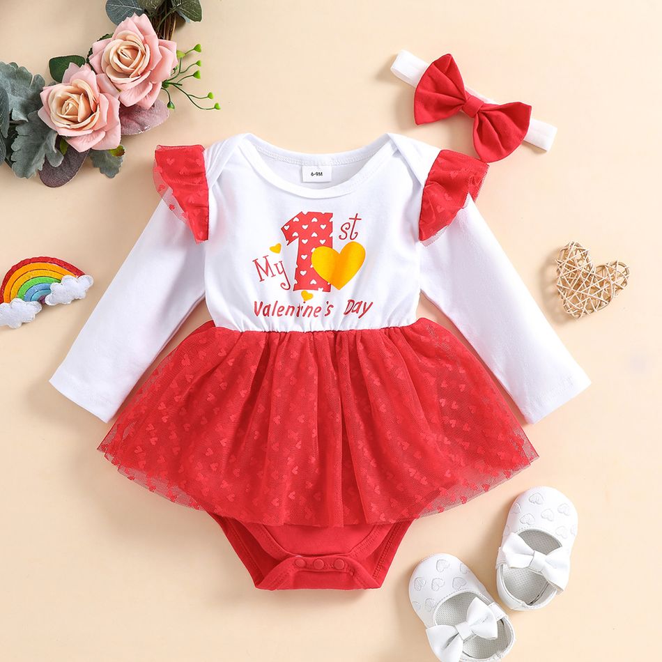 Valentine's Day 2pcs Baby Girl Love Heart and Letter Print Long-sleeve Splicing Mesh Romper with Headband Set White