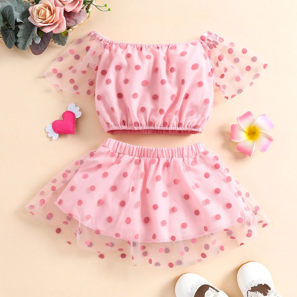 2pcs Baby Girl All Over Pink Polka Dots Off Shoulder Mesh Short-sleeve Crop Top and Skirt Set Pink
