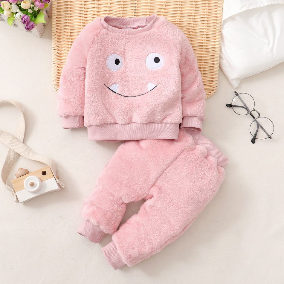 2pcs Baby Cartoon Animal Embroidered Long-sleeve Velvet Pullover Set Coral
