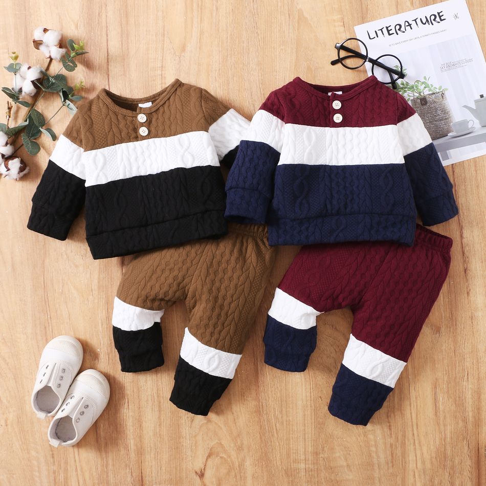 2pcs Baby Color Block Long-sleeve Sweatshirt and Trousers Set Red big image 3